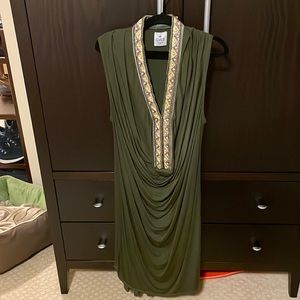 Moss Green dress with gold detail.